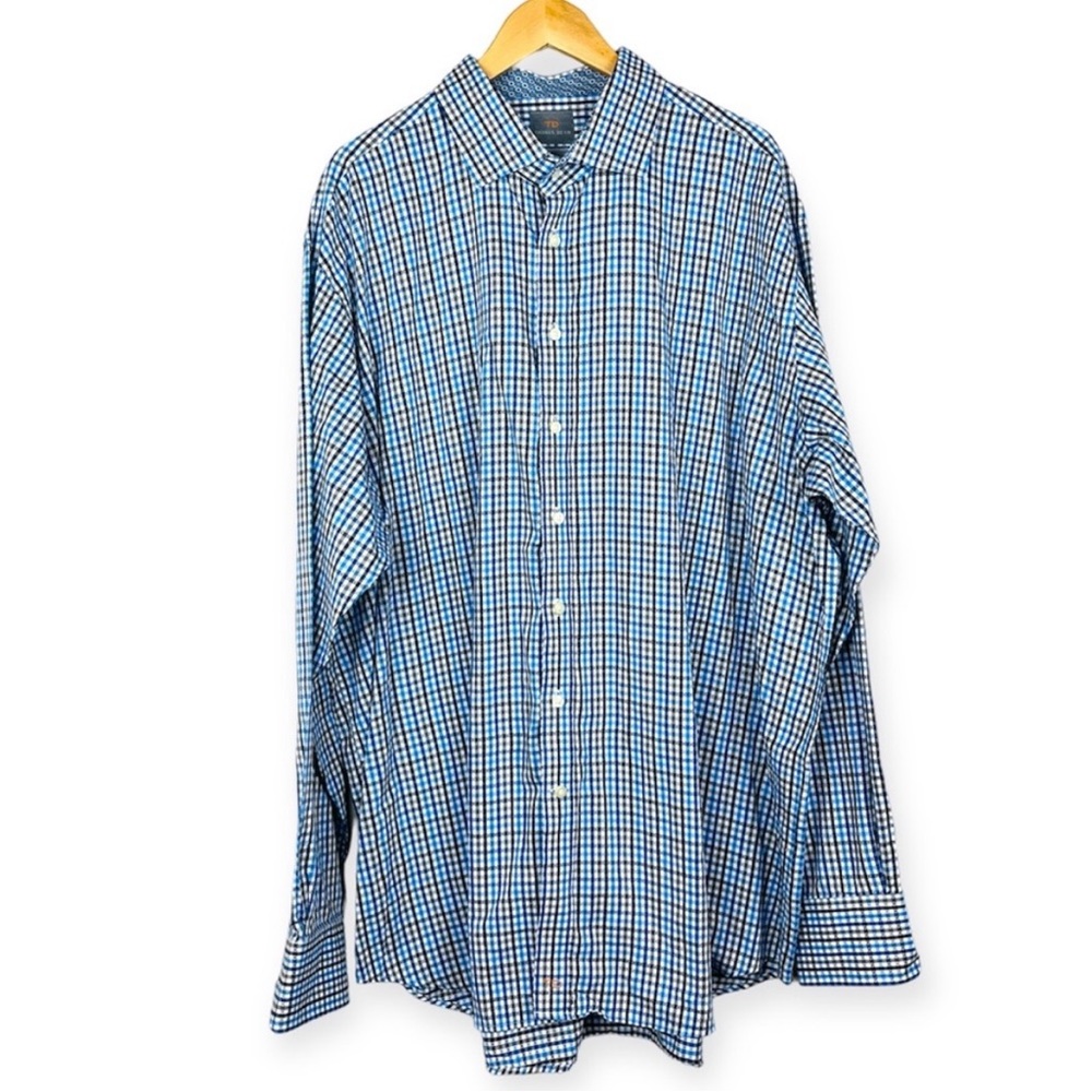 THOMAS DEAN Blue Checkered Gingham Collared Dress Shirt 3XLT Big & Tall Preppy